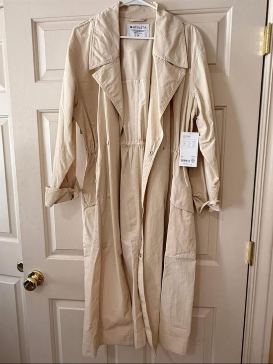 Athleta Jackets & Blazers - Athleta Cream Long Trench with Drawstring Waist